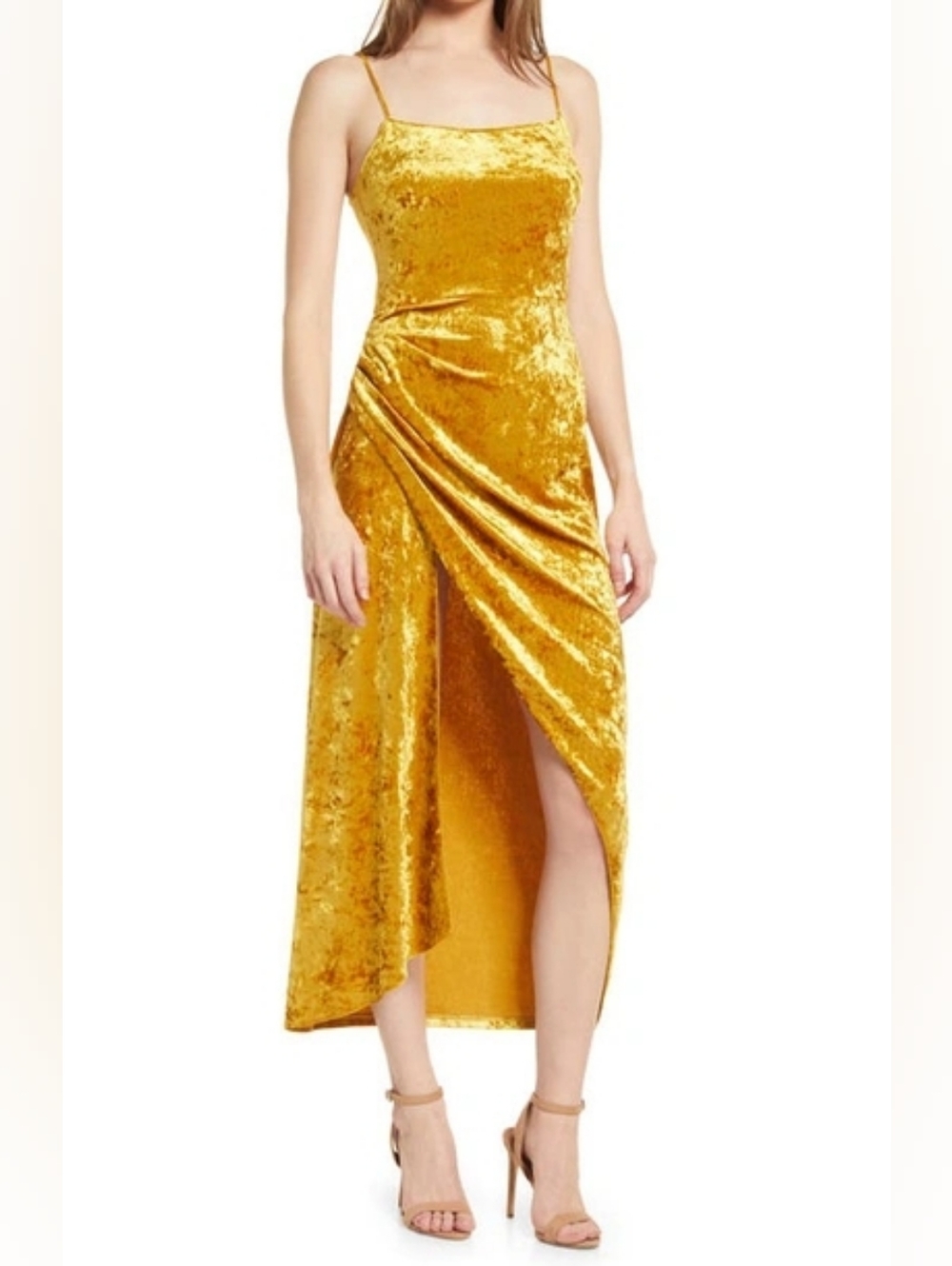 SAYLOR Cyndey Crushed Velvet Cocktail Midi Dress In Yellow Sz M EUC